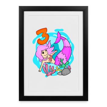 Fille 3 ans 3ème anniversaire sirène - Affiche encadrée (27 × 37 cm) - noir - Devant