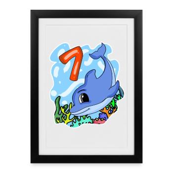 7ème anniversaire Motif Dauphin - sept ans - Affiche encadrée (27 × 37 cm) - noir - Devant