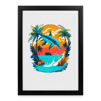Dolphin with Tropical Sunset - Framed poster (27 × 37 cm) - black - Front