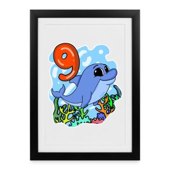 9ème anniversaire Motif Dolphin - Neuf ans - Affiche encadrée (27 × 37 cm) - noir - Devant