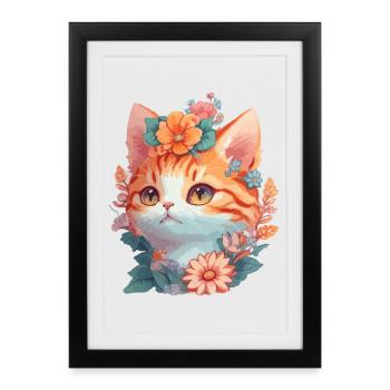 Chat rouge avec des fleurs - Affiche encadrée (27 × 37 cm) - noir - Devant