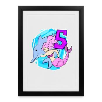 Fille - 5ème Anniversaire Sirène - Fille - Affiche encadrée (27 × 37 cm) - noir - Devant