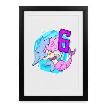 Fille - 6ème Anniversaire Sirène - Fille - Affiche encadrée (27 × 37 cm) - noir - Devant