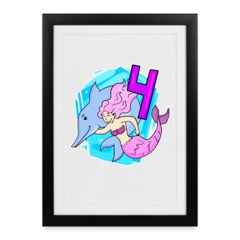 Girl - 4th Birthday Mermaid Daughter - Framed poster (27 × 37 cm) - black - Front