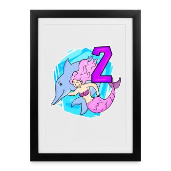 Fille - 2ème Anniversaire Sirène - Fille Deux - Affiche encadrée (27 × 37 cm) - noir - Devant