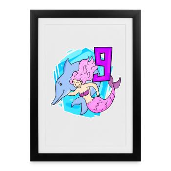 Fille - 9ème Anniversaire Sirène - Fille - Affiche encadrée (27 × 37 cm) - noir - Devant