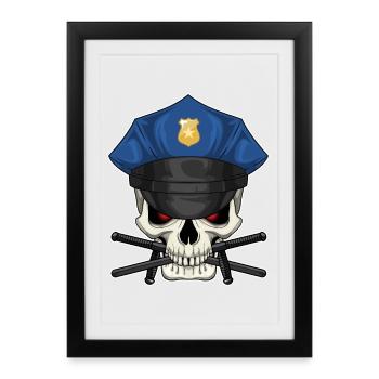 Skull Policeman Baton Police - Framed poster (27 × 37 cm) - black - Front