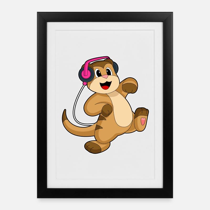 Erdmännchen Kopfhörer Musik - Gerahmtes Poster (27 × 37 cm) - Schwarz