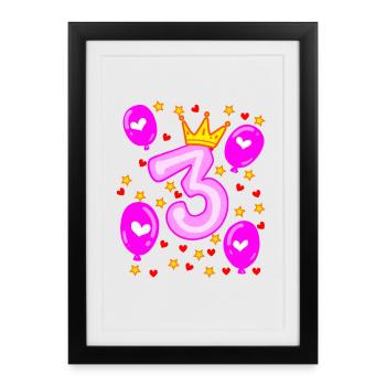 3ème anniversaire Fille Ballons Crown Stars - Affiche encadrée (27 × 37 cm) - noir - Devant