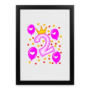 2ème anniversaire Fille Ballons Crown Stars - Affiche encadrée (27 × 37 cm) - noir - Devant