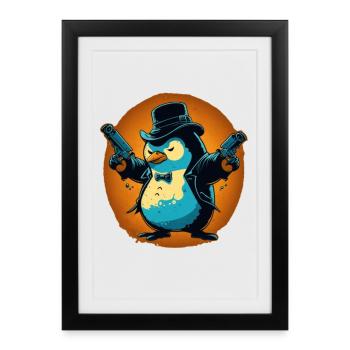 Pingouin avec pistolets et chapeau - Affiche encadrée (27 × 37 cm) - noir - Devant