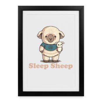 Mouton endormi avec peluche - Affiche encadrée (27 × 37 cm) - noir - Devant