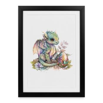 Fabuleux bébé dragon avec des fleurs - Affiche encadrée (27 × 37 cm) - noir - Devant