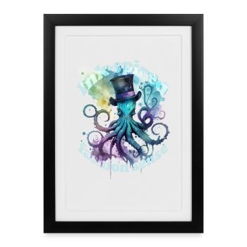 Fashion sense Octophus mit Zylinder - Gerahmtes Poster (27 × 37 cm) - Schwarz - Vorne