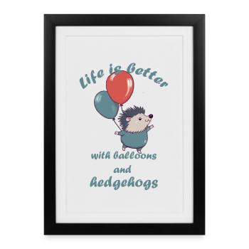 Petit hérisson avec ballons et lettrage - Affiche encadrée (27 × 37 cm) - noir - Devant