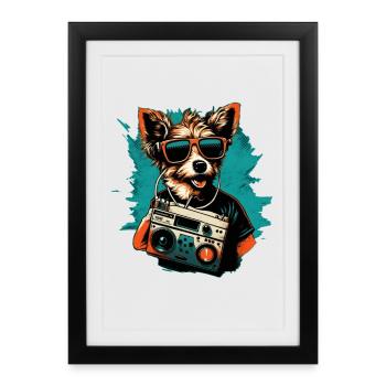 Chien avec boombox et lunettes de soleil - Affiche encadrée (27 × 37 cm) - noir - Devant