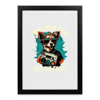 Chien avec boombox et lettrage - Affiche encadrée (27 × 37 cm) - noir - Devant