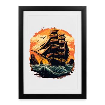 Belles voiles de bateau sur une mer sauvage en romant - Affiche encadrée (27 × 37 cm) - noir - Devant