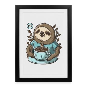 paresseux amical avec café parfumé dit HI - Affiche encadrée (27 × 37 cm) - noir - Devant