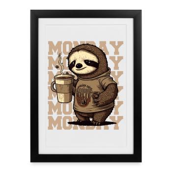Paresseux fatigué avec une énorme tasse à café le lundi - Affiche encadrée (27 × 37 cm) - noir - Devant