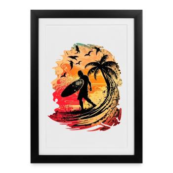 Surfeur occasionnel au lever du soleil sous les palmiers - Affiche encadrée (27 × 37 cm) - noir - Devant