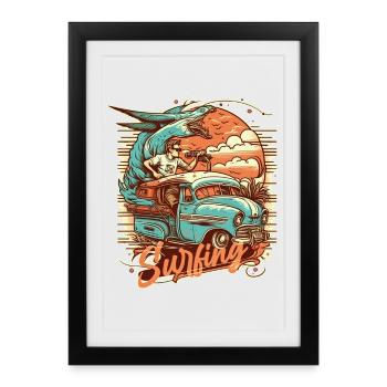 Surfeur et animal fantastique dans le bus lors d’un voyage de surf - Affiche encadrée (27 × 37 cm) - noir - Devant