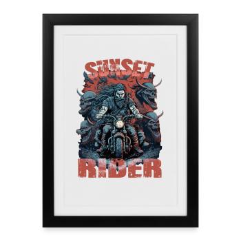 Pilote de coucher de soleil motocycliste - Affiche encadrée (27 × 37 cm) - noir - Devant