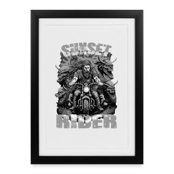 Sunset rider motocycliste noir et blanc - Affiche encadrée (27 × 37 cm) - noir - Devant