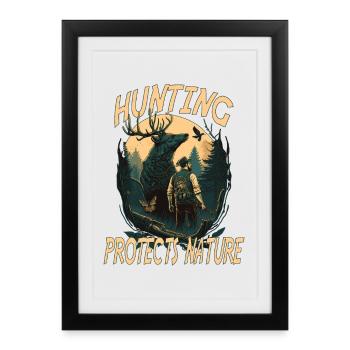 Chasseurs avec des animaux dans la forêt avec lettrage - Affiche encadrée (27 × 37 cm) - noir - Devant