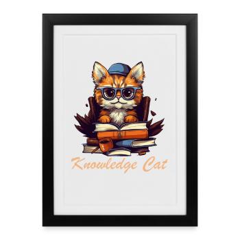 Cat with lots of books and lettering - Framed poster (27 × 37 cm) - black - Front