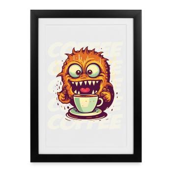 Monstre de café avec lettrage - Affiche encadrée (27 × 37 cm) - noir - Devant