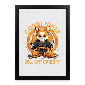 Chien Ninja Corgi avec lettrage - Affiche encadrée (27 × 37 cm) - noir - Devant