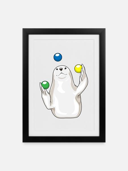 Seehund Jongleur Jonglieren - Gerahmtes Poster (27 × 37 cm) - Schwarz