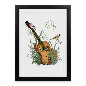 Guitare dans l’herbe avec des oiseaux - Affiche encadrée (27 × 37 cm) - noir - Devant