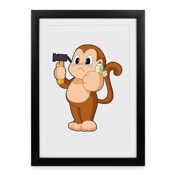 Affe Handwerker Hammer Handwerk - Gerahmtes Poster (27 × 37 cm) - Schwarz - Vorne