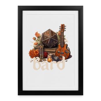 Barde avec D20 et objets – Conception de RPG fantastique - Affiche encadrée (27 × 37 cm) - noir - Devant