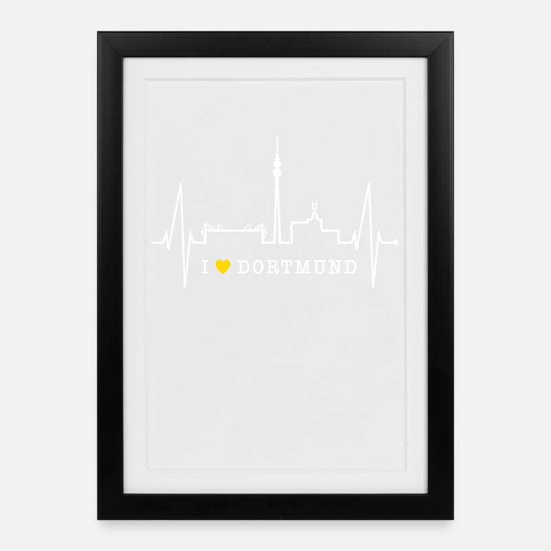Dortmund Skyline Herzschlag Stadion Fan Dortmunder - Gerahmtes Poster (27 × 37 cm) - Schwarz