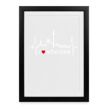 Munich Skyline Heartbeat Bayern Fan Love Munich - Affiche encadrée (27 × 37 cm) - noir - Devant