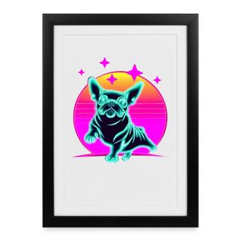 Bulldog français Synthwave Frenchie - Affiche encadrée (27 × 37 cm) - noir - Devant