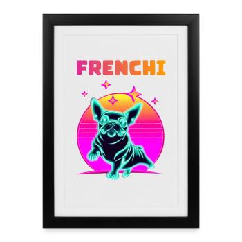 Synthwave Frenchie Bulldog Dog Lover Frenchie - Affiche encadrée (27 × 37 cm) - noir - Devant