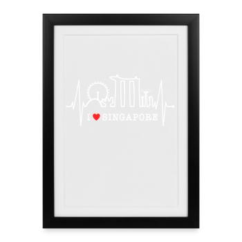 Singapore Skyline Heartbeat Asia I Love Singapore - Affiche encadrée (27 × 37 cm) - noir - Devant