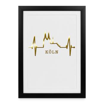 Cologne Skyline Heartbeat Heart Kölsch Love Cologne - Affiche encadrée (27 × 37 cm) - noir - Devant