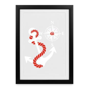 Rose des vents et ancre marine (blanc) - Affiche encadrée (27 × 37 cm) - noir - Devant