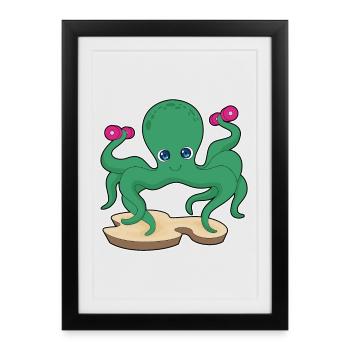 Culturiste Poulpe, haltères, culturisme - Affiche encadrée (27 × 37 cm) - noir - Devant