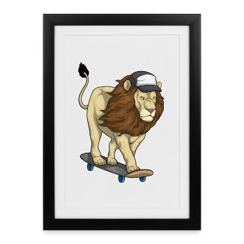 Löwe Skater Skateboard - Gerahmtes Poster (27 × 37 cm) - Schwarz - Vorne