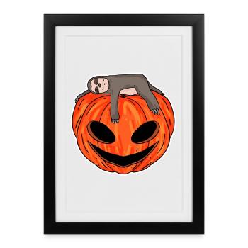 Faultier schläft auf Kürbis - Gerahmtes Poster (27 × 37 cm) - Schwarz - Vorne
