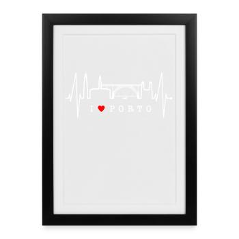 Porto Skyline Heartbeat Portugal Heart Love Porto - Affiche encadrée (27 × 37 cm) - noir - Devant