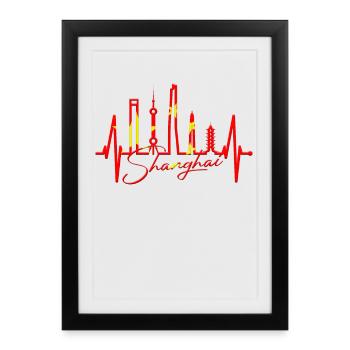 Shanghai Skyline Heartbeat Chine J’aime Shanghai - Affiche encadrée (27 × 37 cm) - noir - Devant