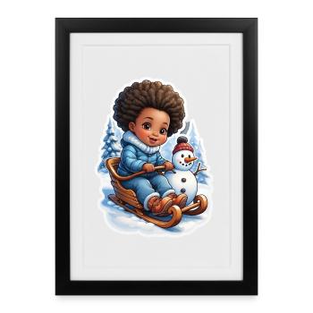 Winter fun with snowman and sleigh - Framed poster (27 × 37 cm) - black - Front