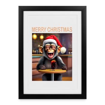 Le singe célèbre Noël avec un chapeau et une boisson - Affiche encadrée (27 × 37 cm) - noir - Devant
